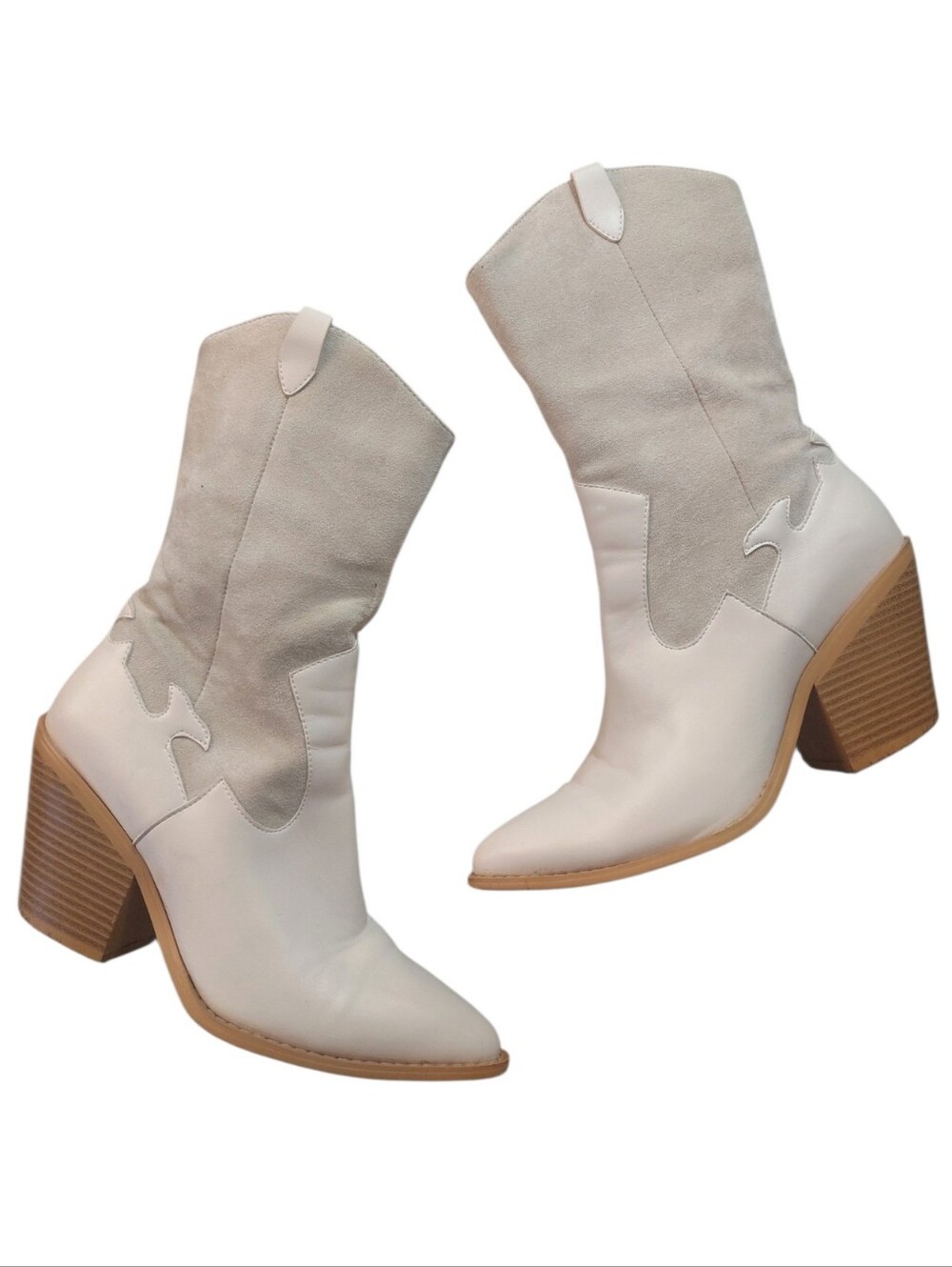 Lulu's Two-Tone Cream Western Block Heel Boots Leather And Suede Cowgirl Boots 8